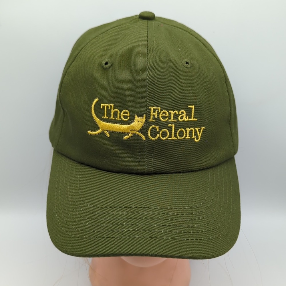 Smalls The Feral Colony Hat Olive Green Yellow Embroidered Cat Adjustable Cap